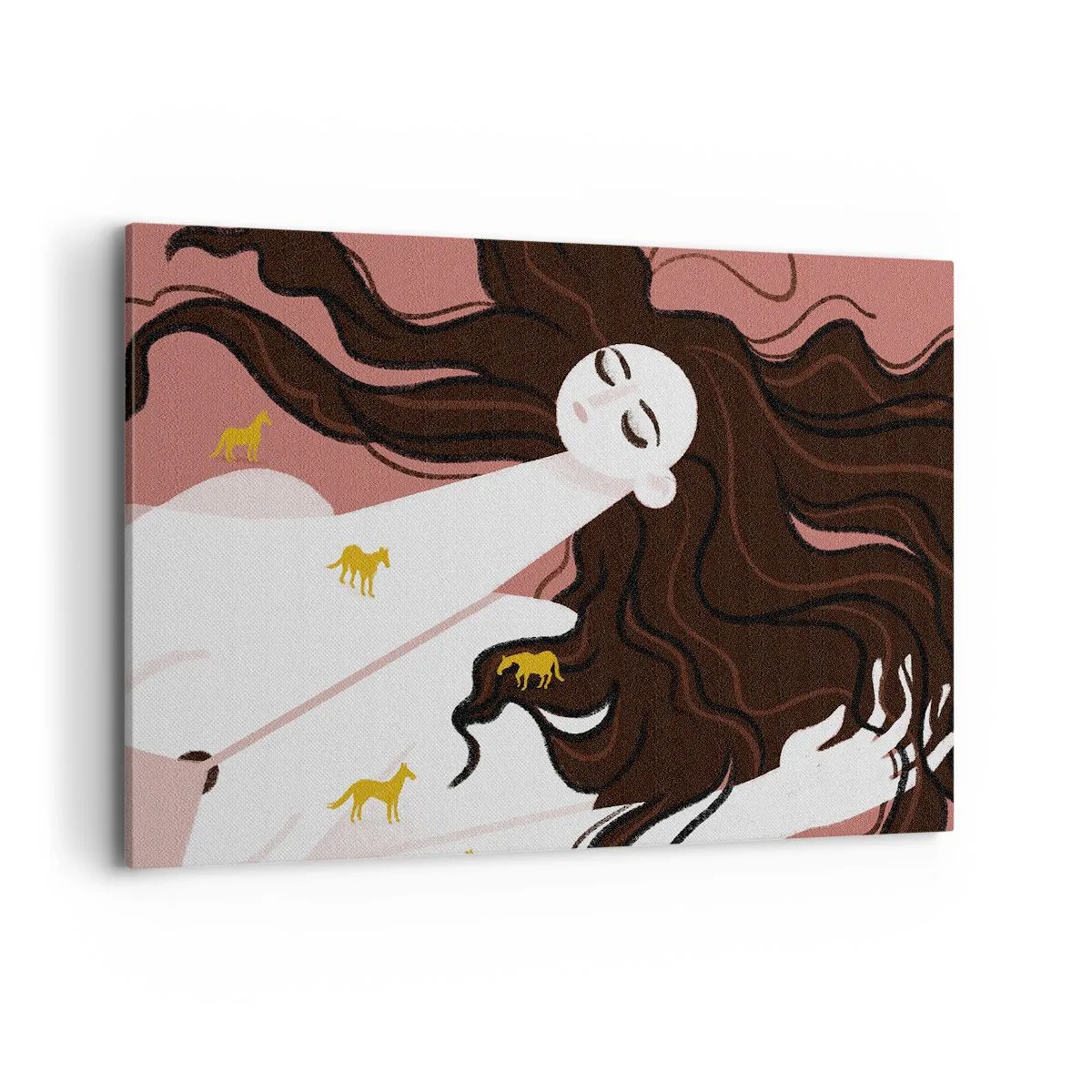 Obraz na płótnie - Postać z zamkniętymi oczami otoczona złotymi końmi - 100x70cm - Sen o złotym koniu - Nowoczesna dekoracja ścienna do salonu, kuchni i sypialni ARTTOR