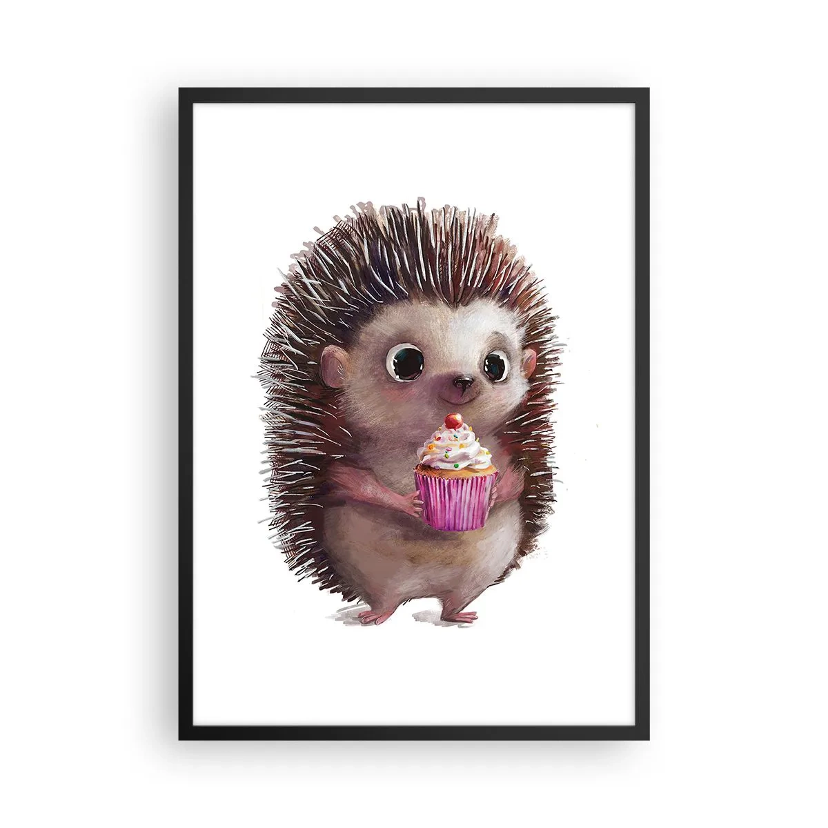 Plakat w czarnej ramie - Święto jest co dzień - Uroczy jeżyk trzymający kolorową babeczkę - 50x70cm