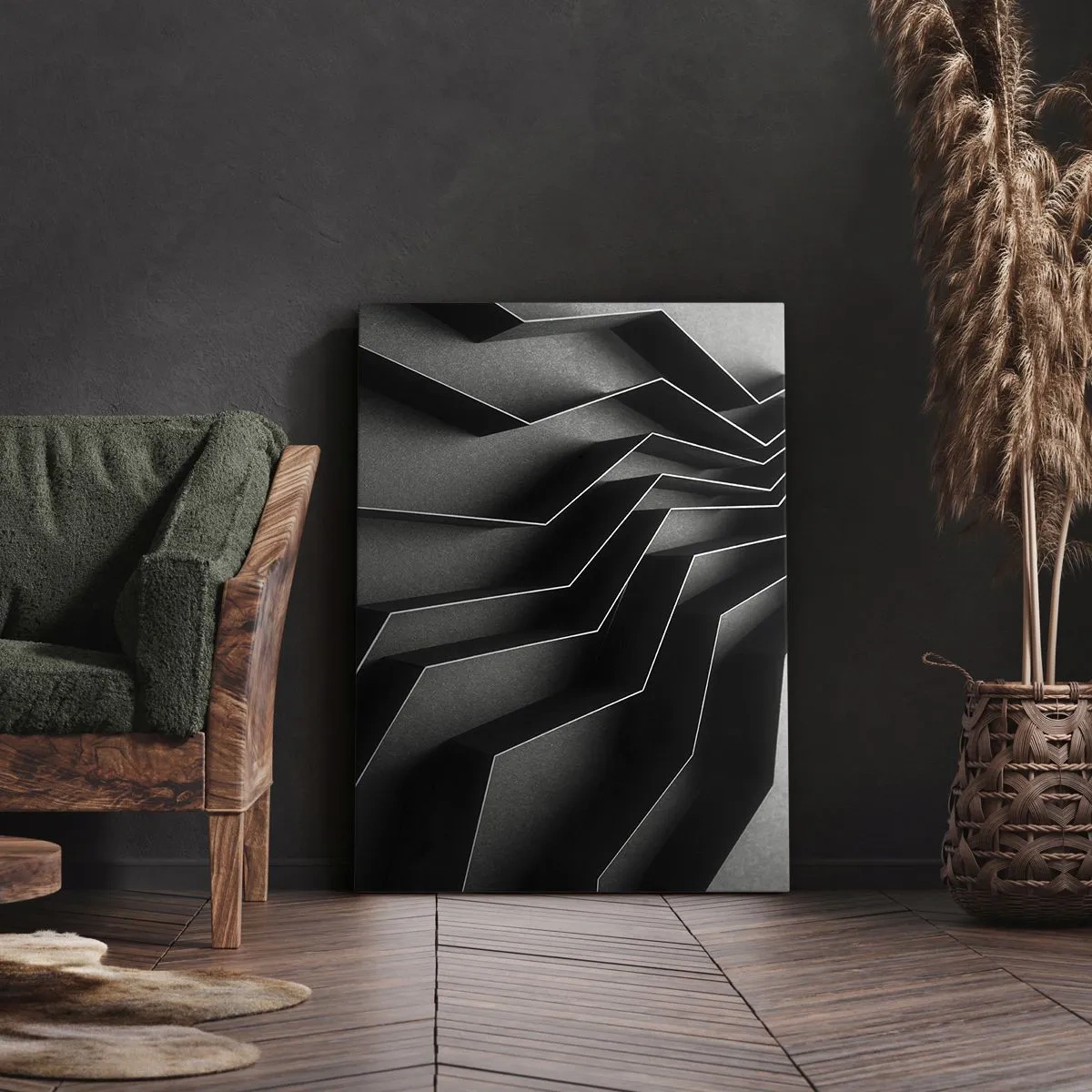 Obraz na płótnie - Abstrakcyjna kompozycja czarnych geometrycznych linii i cieni - 50x70cm - Przestrzenny porządek - Nowoczesna dekoracja ścienna do salonu, kuchni i sypialni ARTTOR