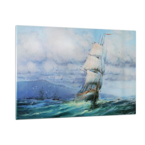 Obraz na szkle - Statek z żaglami płynący po wzburzonym morzu pod pochmurnym niebem - 120x80cm - Pomyślnych wiatrów - Nowoczesna dekoracja ścienna do salonu, kuchni i sypialni ARTTOR