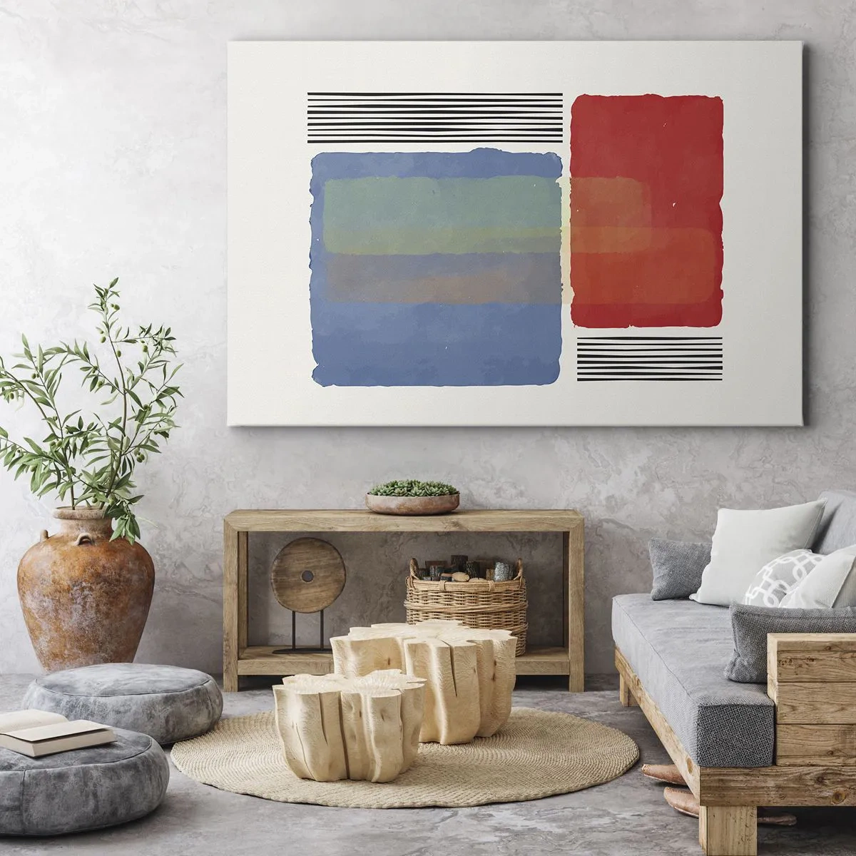 Obraz na płótnie - Geometryczna kompozycja z kolorowymi blokami i liniami - 70x50cm - Duch i litera geometrii - Nowoczesna dekoracja ścienna do salonu i sypialni ARTTOR