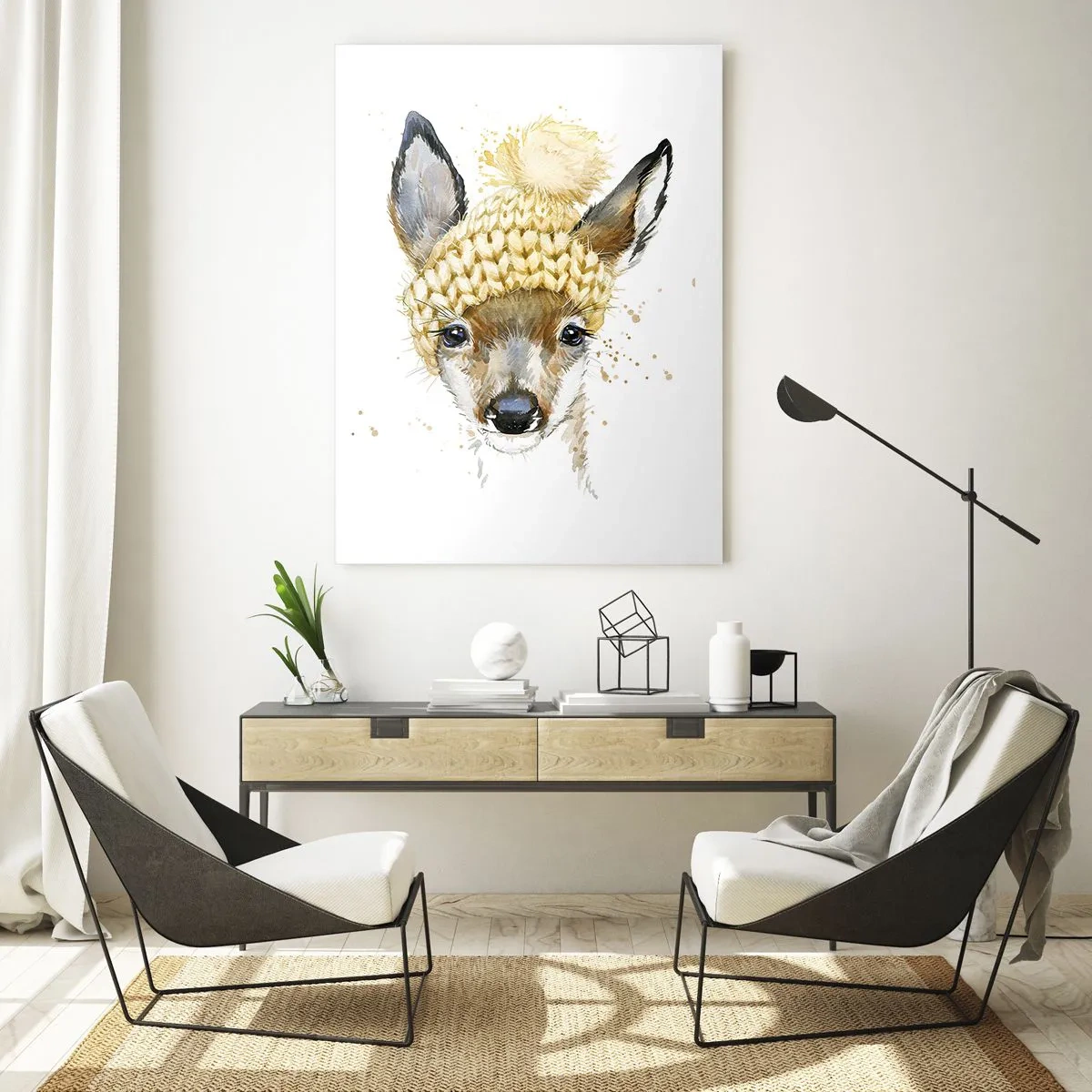 Obraz na szkle - Akwarelowy jeleń w żółtej czapce - 70x100cm - Na zimę w śnieżnym lesie - Nowoczesna dekoracja ścienna do salonu i sypialni ARTTOR