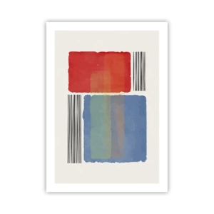 Plakat - Abstrakcyjna kompozycja z czerwonym i niebieskim prostokątem - 50x70cm - Duch i litera geometrii - Nowoczesna dekoracja ścienna do salonu, kuchni i sypialni ARTTOR
