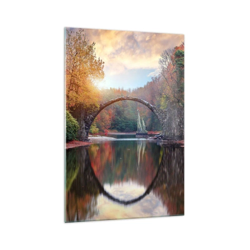 Obraz na szkle - Kamienny most w jesiennej scenerii nad spokojną wodą - 70x100cm - Po drugiej stronie lustra - Nowoczesna dekoracja ścienna do salonu i sypialni ARTTOR