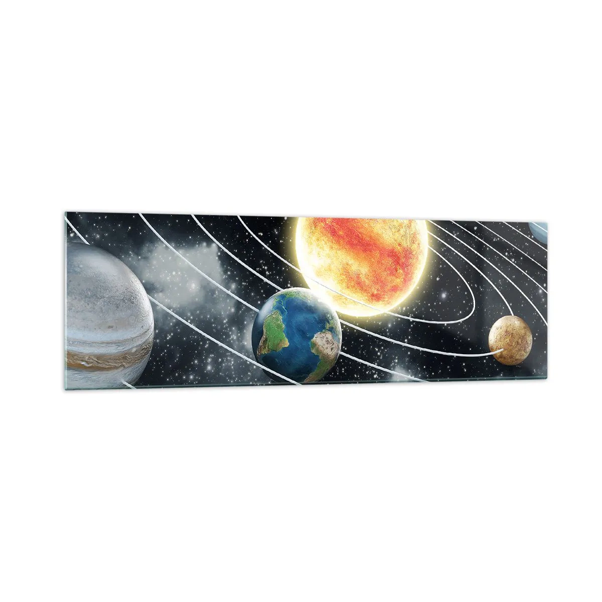 Obraz na szkle - Układ słoneczny z planetami i słońcem w przestrzeni kosmicznej - 160x50cm - Kosmiczny taniec - Nowoczesna dekoracja ścienna do salonu i sypialni ARTTOR