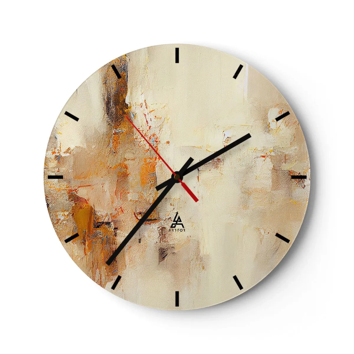 Zegar ścienny - Abstrakcyjna kompozycja w odcieniach beżu i pomarańczu - 30x30cm - Dusza bursztynu - Nowoczesna dekoracja ścienna do salonu, kuchni i sypialni ARTTOR