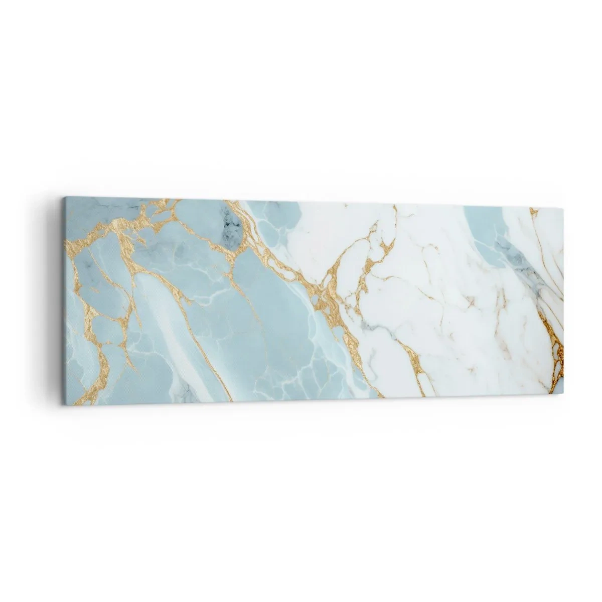 Obraz na płótnie - Błękitno-białe marmurowe wzory z dodatkiem złotych żył - 140x50cm - Bogactwo kamienia - Nowoczesna dekoracja ścienna do salonu i sypialni ARTTOR