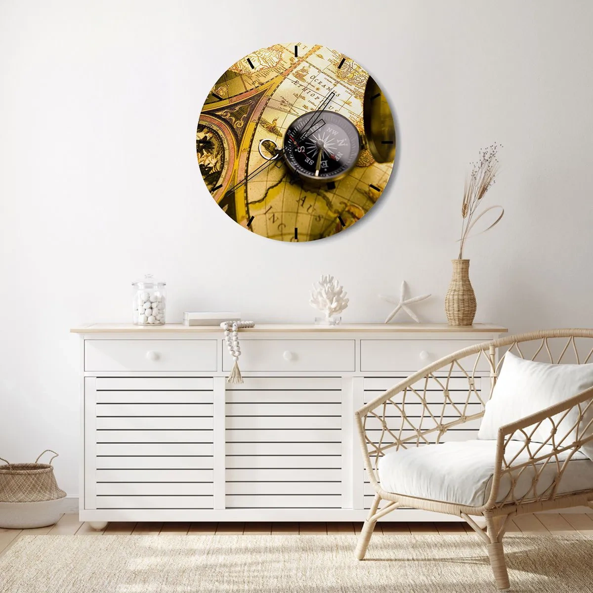 Zegar ścienny - Kompas na tle starej mapy - 30x30cm - A może na kraniec świata? - Nowoczesna dekoracja ścienna do salonu, kuchni i sypialni ARTTOR