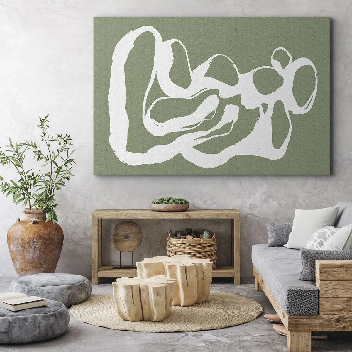 Obraz na płótnie - Organiczne kształty w bieli na zielonym tle - 70x50cm - Wołanie przestrzeni - Nowoczesna dekoracja ścienna do salonu i sypialni ARTTOR