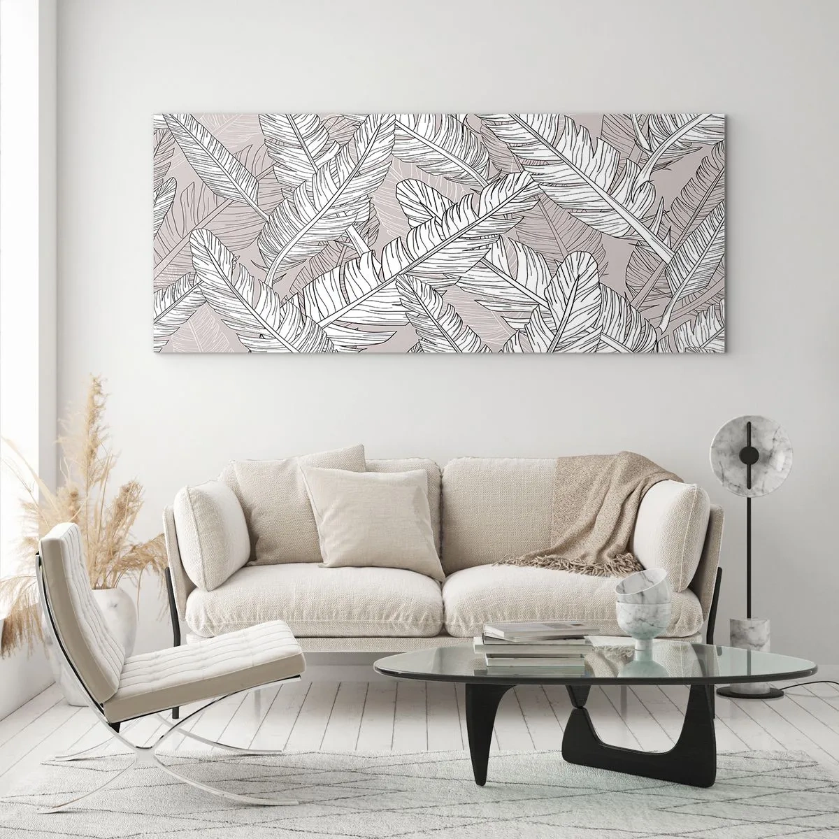 Obraz na szkle - Czarno-biały wzór z liśćmi bananowca na jasnym tle - 160x50cm - Pierzasta zawierucha - Nowoczesna dekoracja ścienna do salonu i sypialni ARTTOR