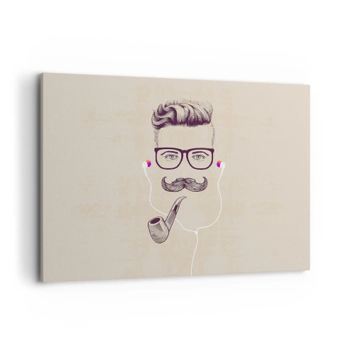 Obraz na płótnie - Retro portret mężczyzny z fajką, słuchawkami i okularami - 120x80cm - Prawdziwy mężczyzna? - Nowoczesna dekoracja ścienna do salonu, kuchni i sypialni ARTTOR