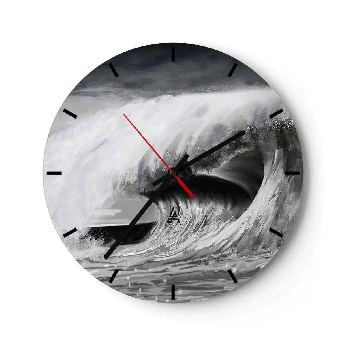 Zegar ścienny - Dynamiczna fala w odcieniach czerni i bieli - 30x30cm - Gniew oceanu - Nowoczesna dekoracja ścienna do salonu, kuchni i sypialni ARTTOR