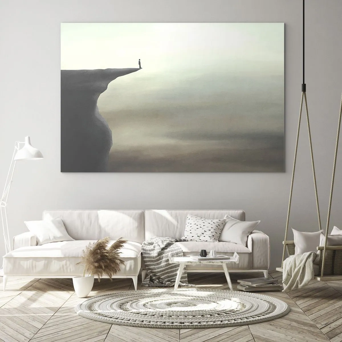 Obraz na szkle - Sylwetka osoby stojącej na skraju urwiska nad mgłą - 70x50cm - Do góry, oczywiście! - Nowoczesna dekoracja ścienna do salonu i sypialni ARTTOR