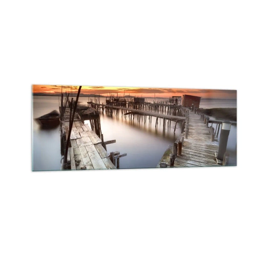 Obraz na szkle - Drewniane pomosty na spokojnej wodzie o zachodzie słońca - 140x50cm - Autentyk, nie turystyczna atrapa - Nowoczesna dekoracja ścienna do salonu i sypialni ARTTOR