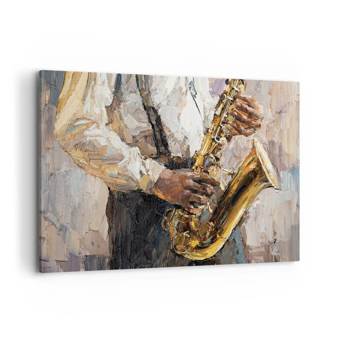 Obraz na płótnie - Muzyk grający na saksofonie w artystycznym stylu - 120x80cm - Czas na solo - Nowoczesna dekoracja ścienna do salonu, kuchni i sypialni ARTTOR