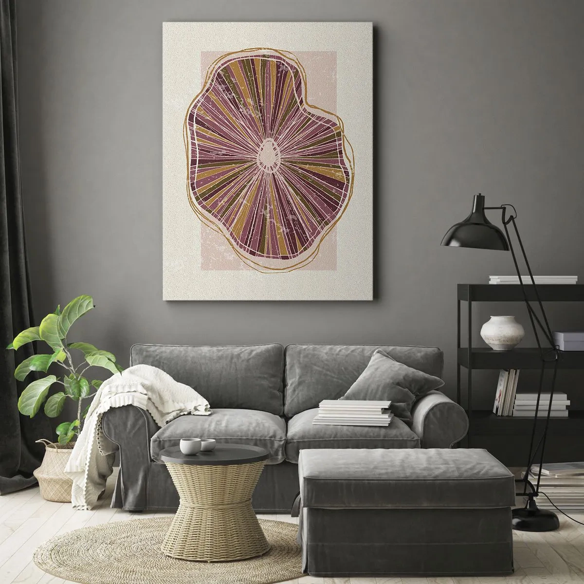 Obraz na płótnie - Abstrakcyjna forma przypominająca przekrój drewna w ciepłych odcieniach - 50x70cm - Abstrakcja promienista - Nowoczesna dekoracja ścienna do salonu, kuchni i sypialni ARTTOR