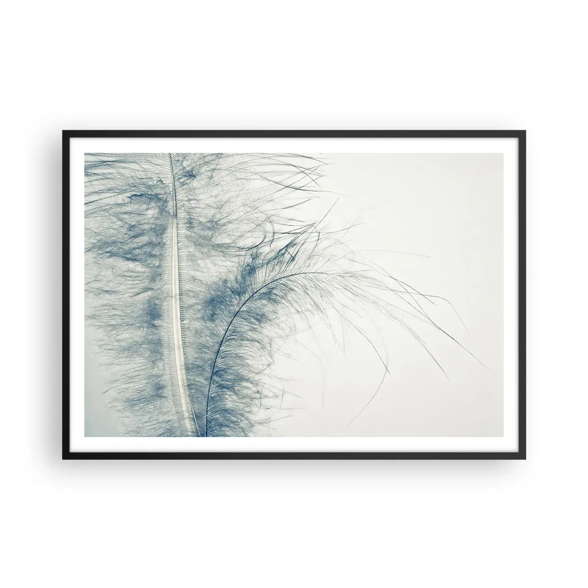 Plakat w czarnej ramie - Delikatne pióro w pastelowych odcieniach na jasnym tle - 100x70cm - Szept natury - Nowoczesna dekoracja ścienna do salonu i sypialni ARTTOR