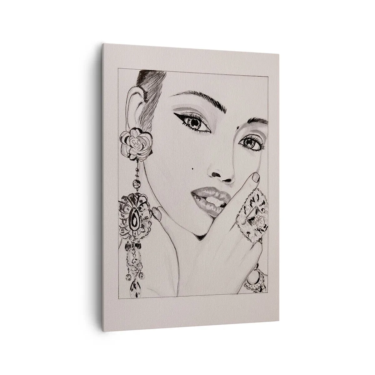 Obraz na płótnie - Szkic kobiecej twarzy z ozdobnymi kolczykami i pierścionkami - 70x100cm - Najpiękniejszy klejnot - Nowoczesna dekoracja ścienna do salonu i sypialni ARTTOR