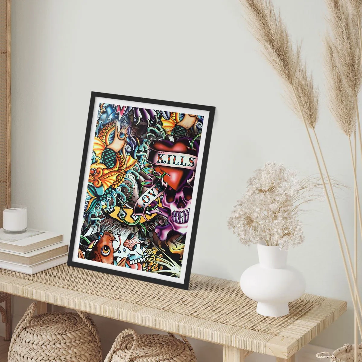Plakat w czarnej ramie - Abstrakcyjny tatuaż z czaszką, sercem i napisem - 50x70cm - Sen tatuażysty - Nowoczesna dekoracja ścienna do salonu i sypialni ARTTOR