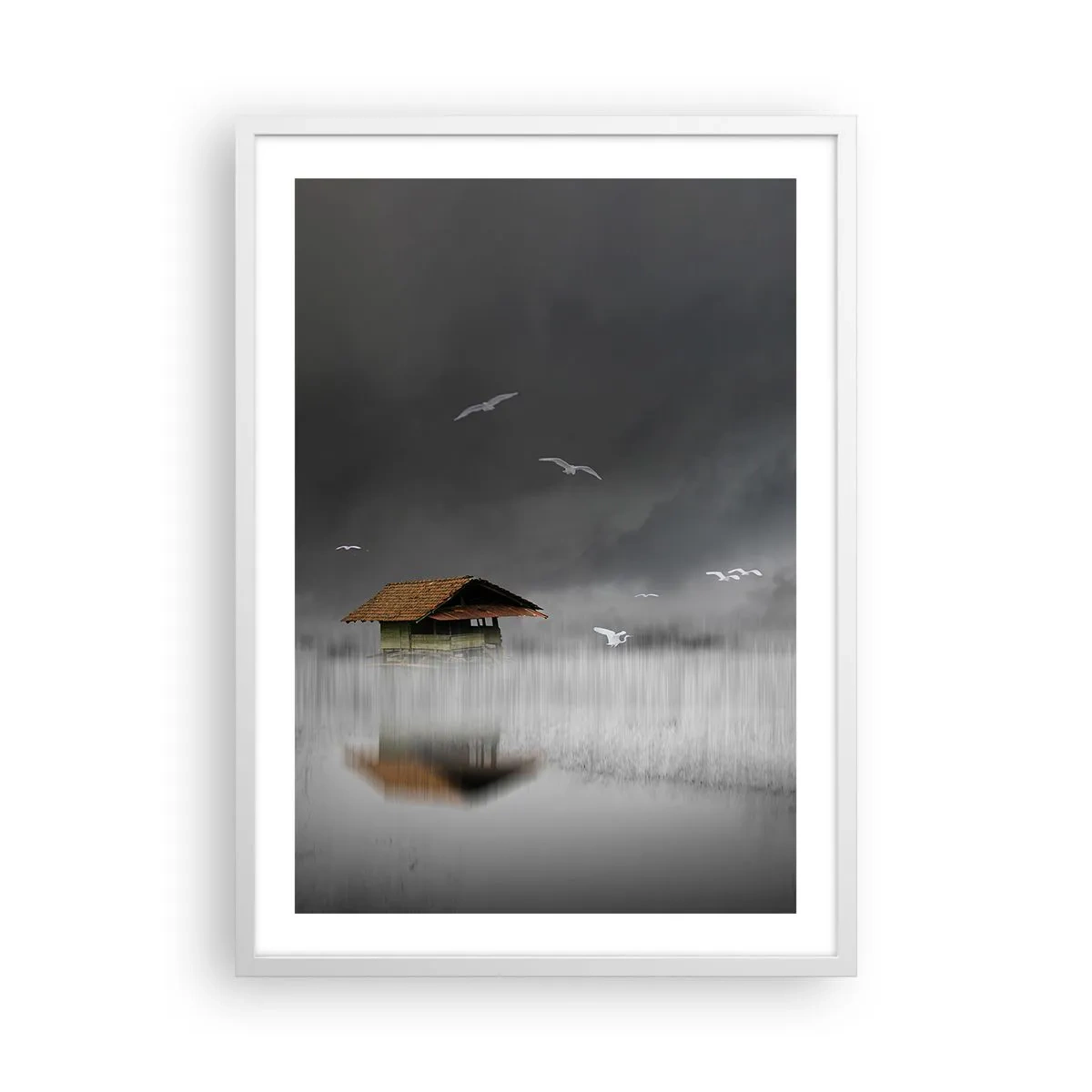 Plakat w białej ramie - Schronienie przed deszczem - 50x70 cm