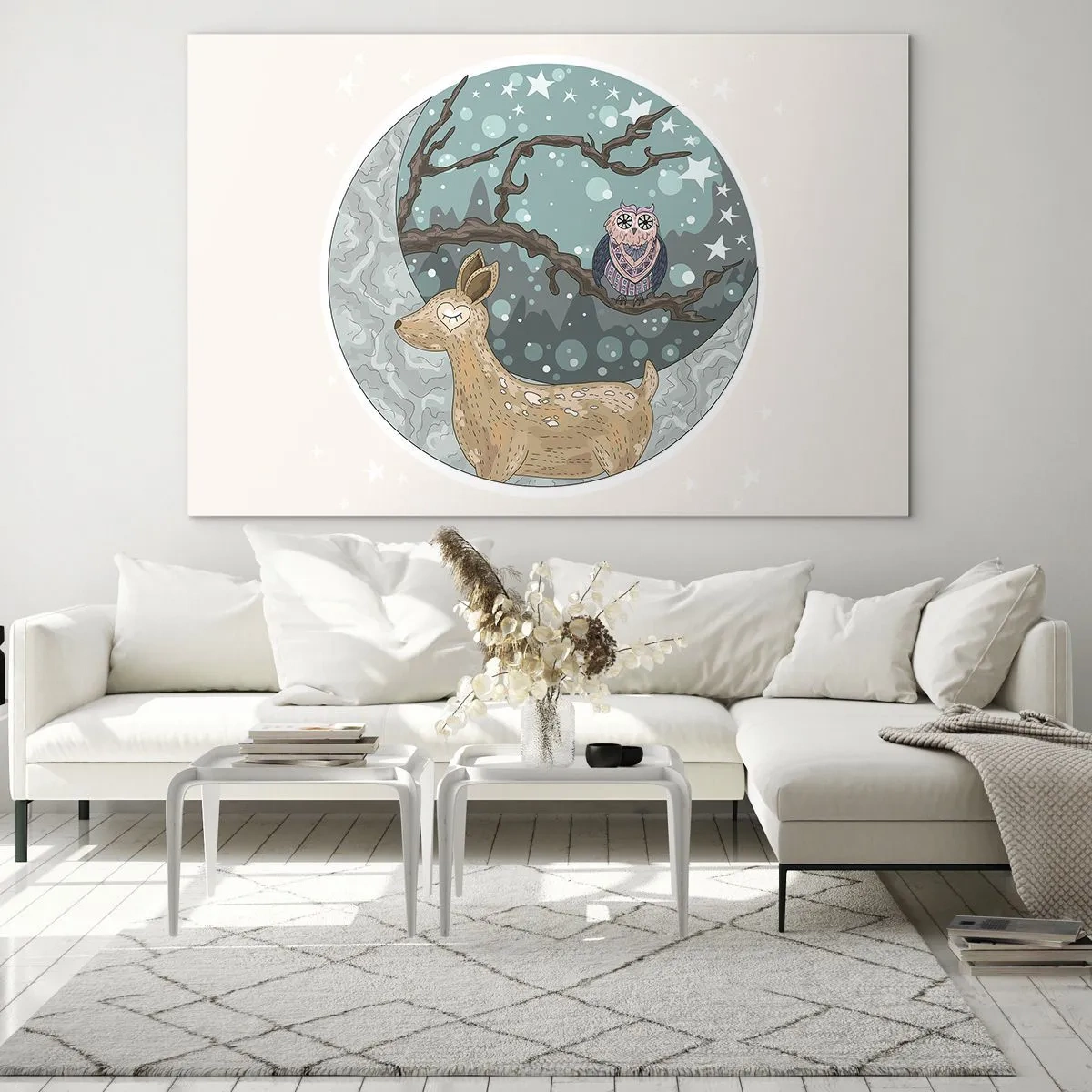 Obraz na szkle - Ilustracja sarny i sowy w magicznej scenerii - 120x80cm - Bajkowa, leśna noc - Nowoczesna dekoracja ścienna do salonu, kuchni i sypialni ARTTOR