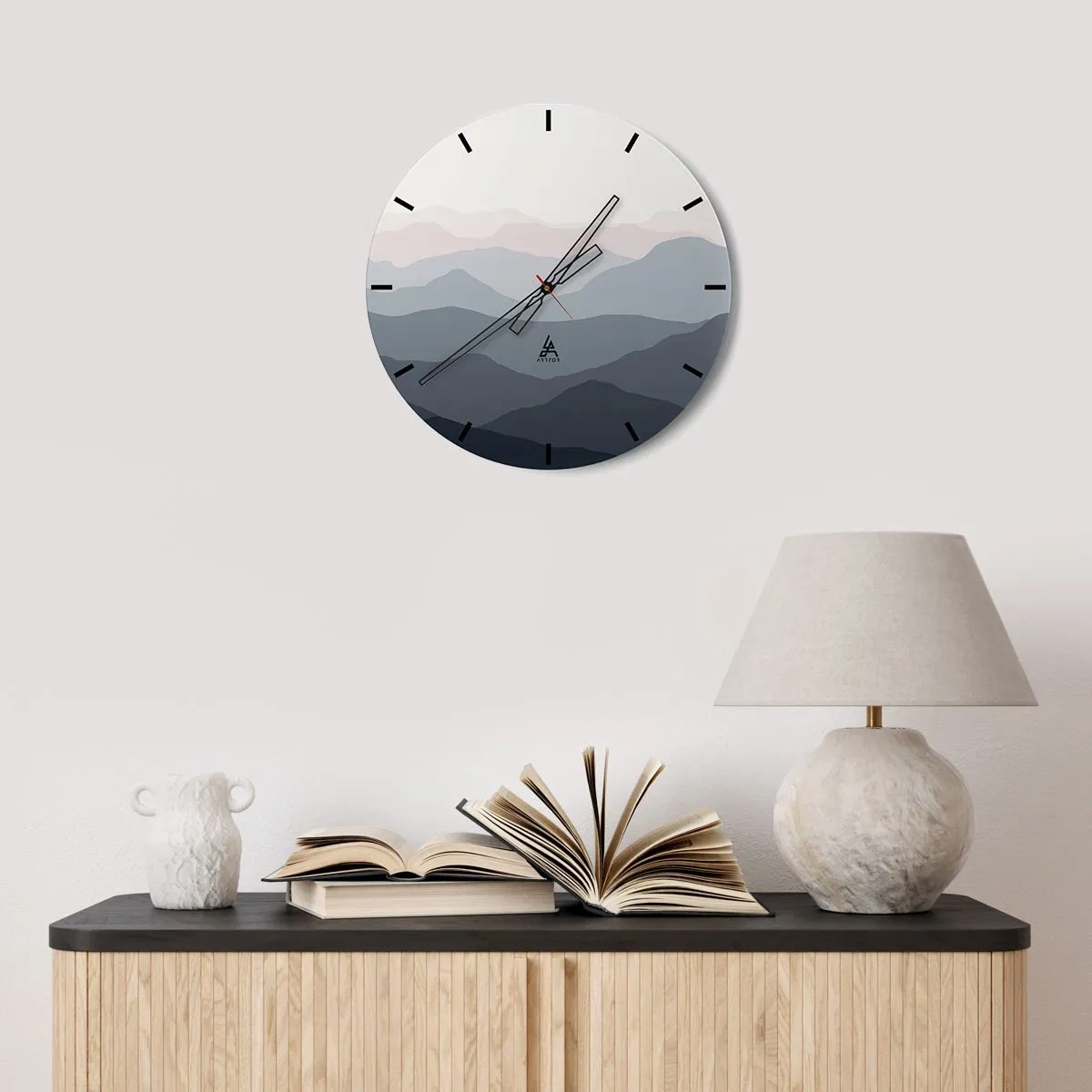 Zegar ścienny - Minimalistyczny pejzaż górski w pastelowych barwach - 30x30cm - Fale gór - Nowoczesna dekoracja ścienna do salonu, kuchni i sypialni ARTTOR
