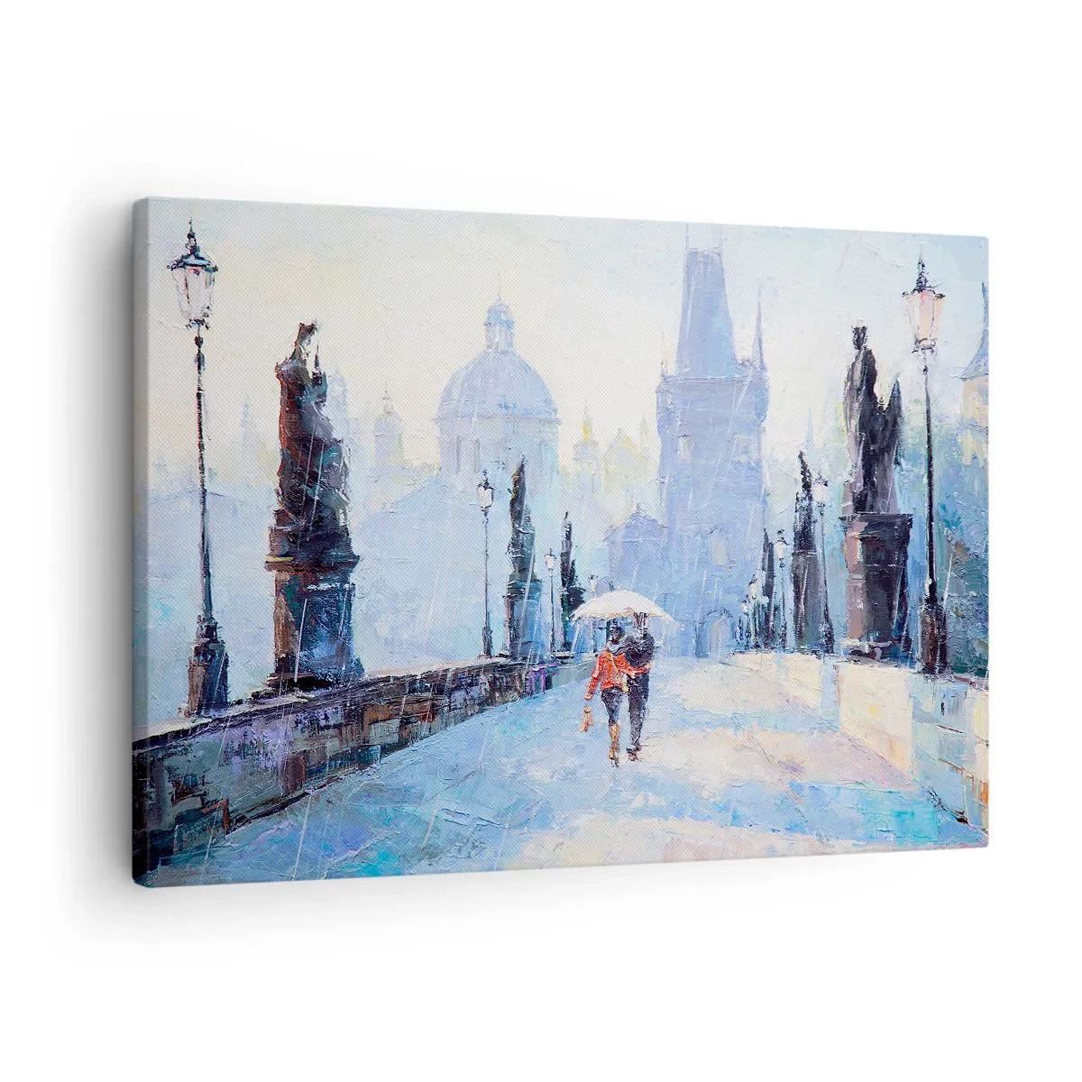 Obraz na płótnie - Romantyczna para na moście w deszczu, malarska scena - 70x50cm - Nas zaczarować musiał deszcz - Nowoczesna dekoracja ścienna do salonu i sypialni ARTTOR