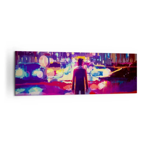 Obraz na płótnie - Mężczyzna w neonowej scenerii miejskiej nocy - 160x50cm - Zanurzony w świetle - Nowoczesna dekoracja ścienna do salonu i sypialni ARTTOR