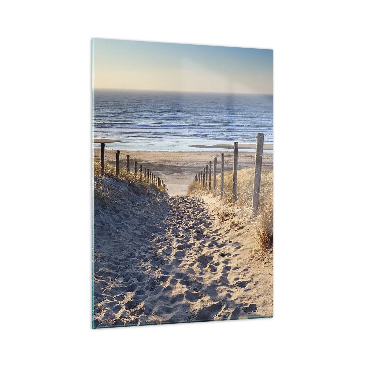 Obraz na szkle - Ścieżka przez wydmy prowadząca na plażę przy spokojnym morzu - 50x70cm - Morza szum, ptaków śpiew, dzika plaża pośród traw… - Nowoczesna dekoracja ścienna do salonu, kuchni i sypialni ARTTOR