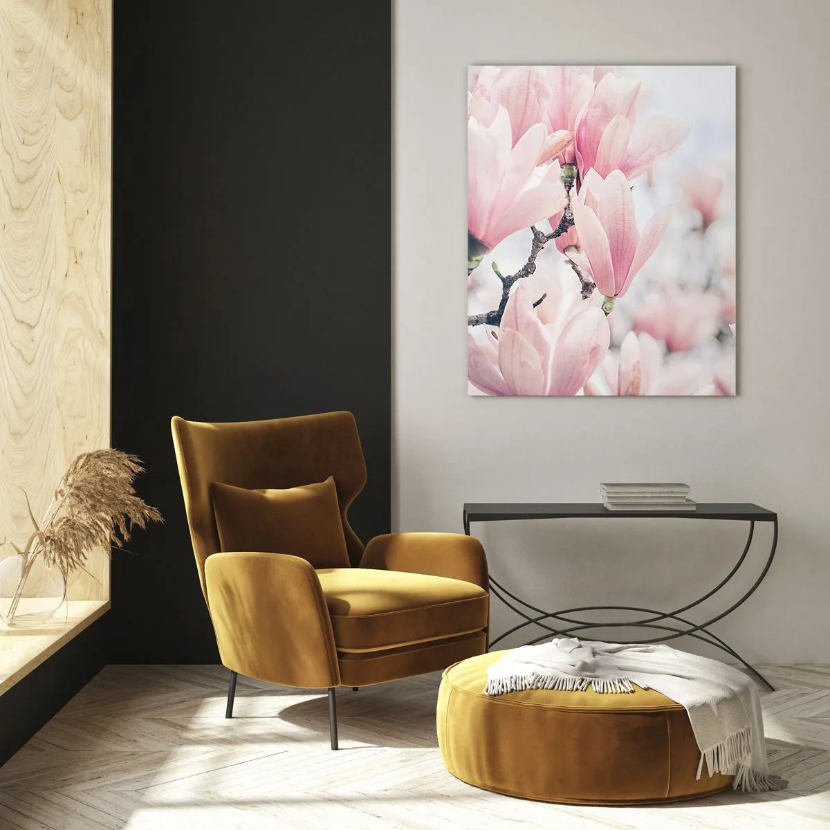 Obraz na szkle - Delikatne różowe magnolie na jasnym tle - 50x70cm - Ideał subtelności - Nowoczesna dekoracja ścienna do salonu, kuchni i sypialni ARTTOR