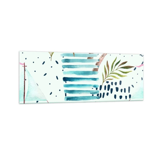 Obraz na szkle - Abstrakcyjny wzór z palmami i akcentami marynistycznymi - 140x50cm - Wakacje pod palmami - Nowoczesna dekoracja ścienna do salonu i sypialni ARTTOR