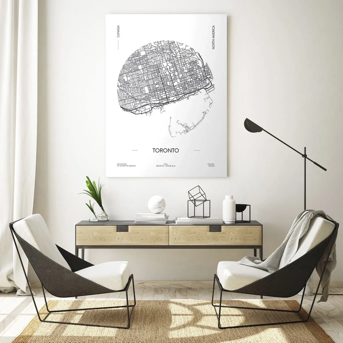 Obraz na szkle - Mapa Toronto w minimalistycznym, czarno-białym stylu - 70x100cm - Anatomia Toronto - Nowoczesna dekoracja ścienna do salonu i sypialni ARTTOR