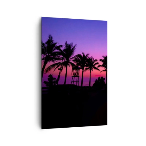 Obraz na płótnie - Sylwetki palm na tle różowo-fioletowego nieba o zachodzie słońca - 80x120cm - Wieczór pod palmami - Nowoczesna dekoracja ścienna do salonu i sypialni ARTTOR