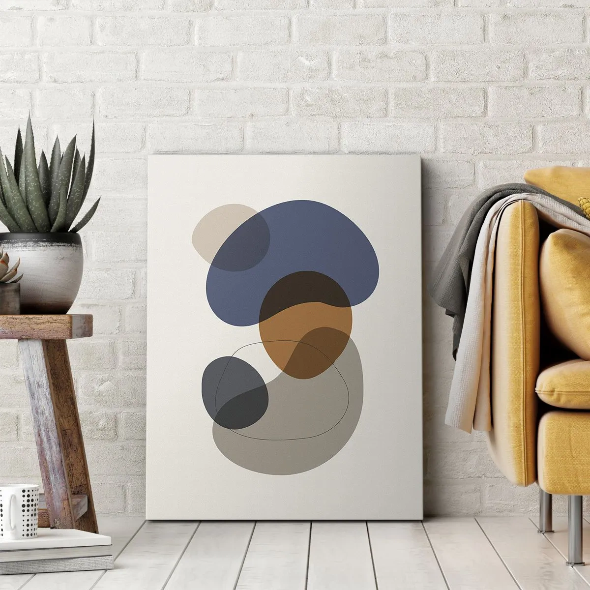Obraz na płótnie - Abstrakcyjne kształty w odcieniach niebieskiego, beżu i brązu - 50x70cm - Krople barw - Nowoczesna dekoracja ścienna do salonu, kuchni i sypialni ARTTOR