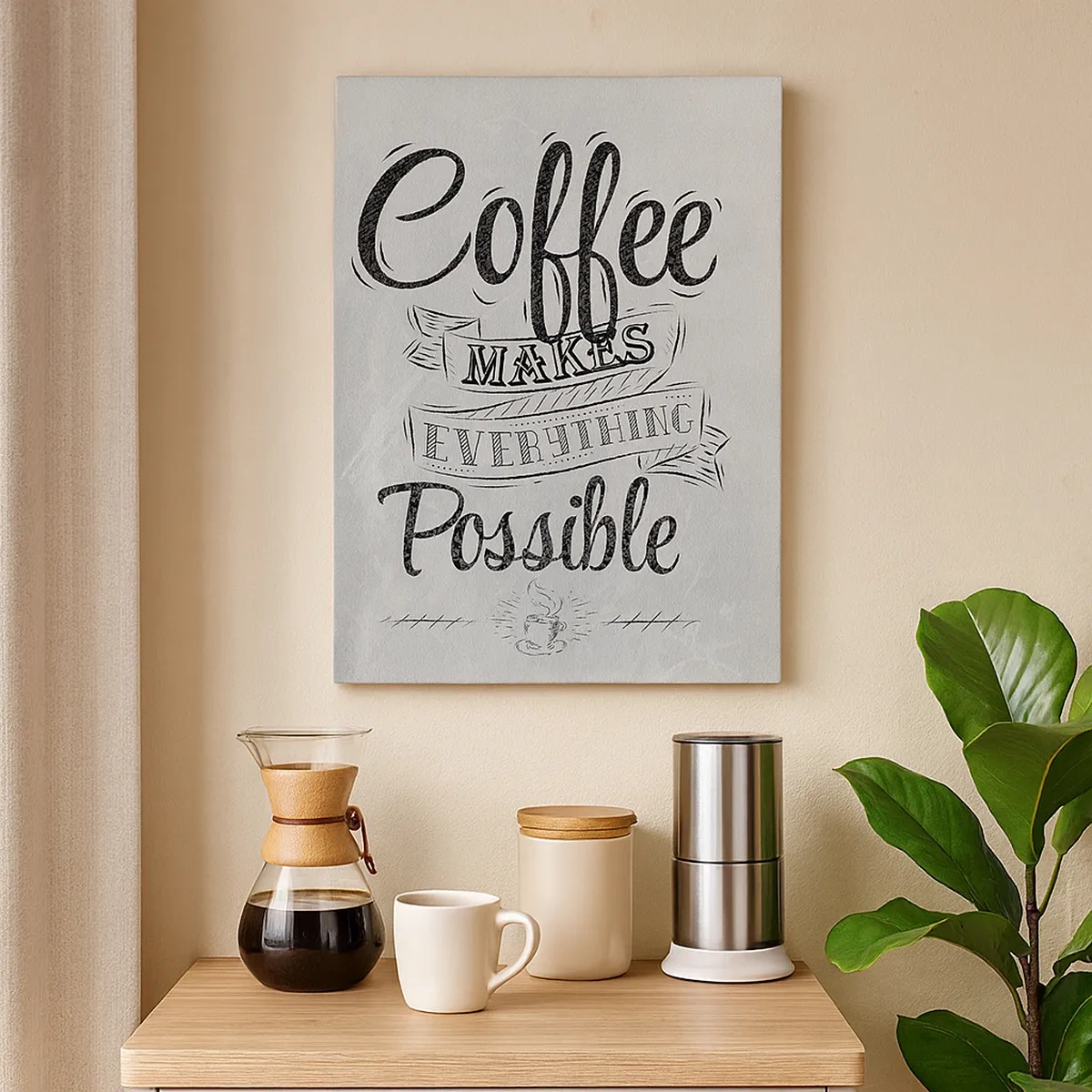 Obraz na płótnie - Czarno-biały napis 'Coffee makes everything possible' w stylu vintage - 50x70cm - Jak tu nie kochać kawy - Nowoczesna dekoracja ścienna do salonu, kuchni i sypialni ARTTOR