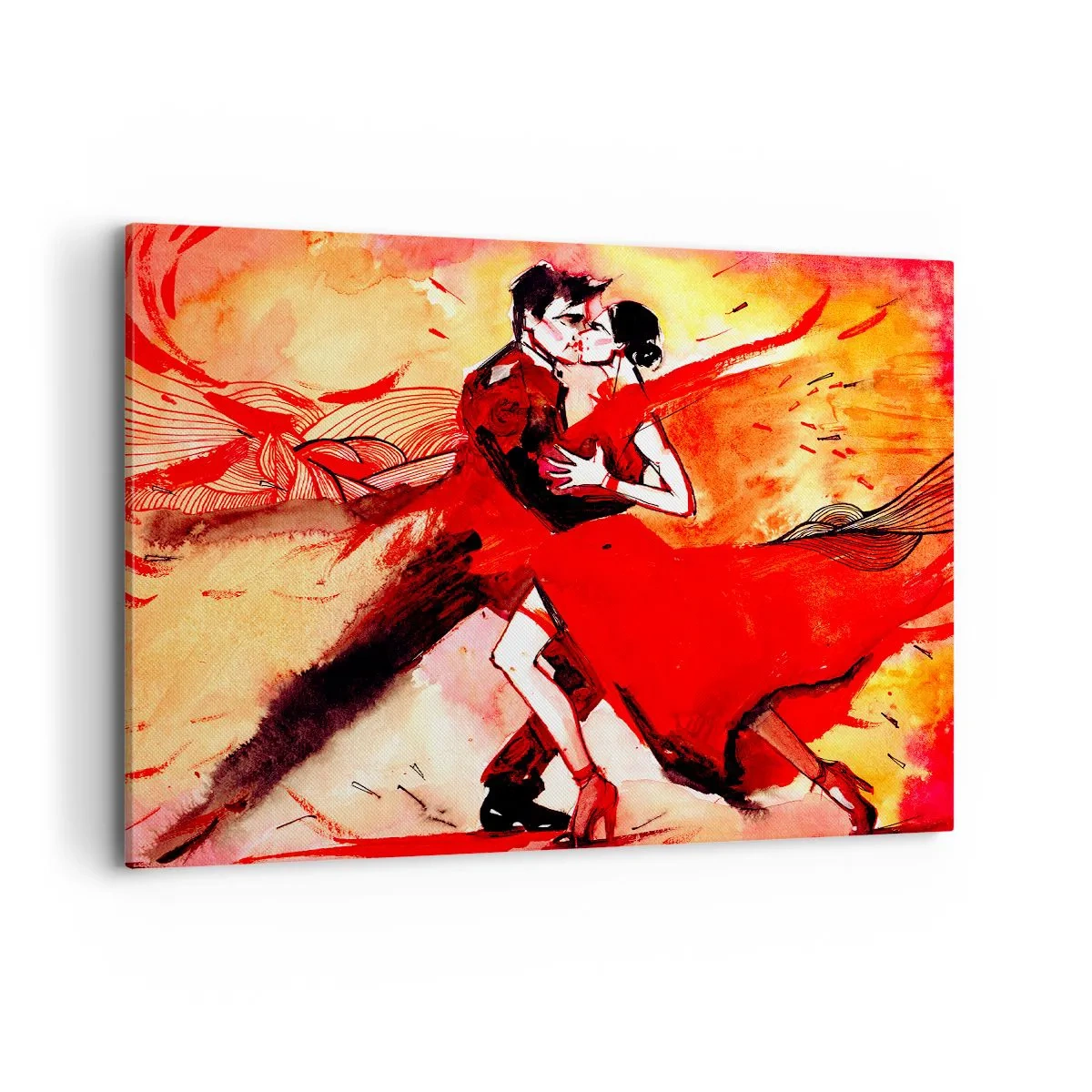 Obraz na płótnie - Para tańcząca tango w czerwonych tonacjach na dynamicznym tle - 100x70cm - Purpurowy rytm namiętności - Nowoczesna dekoracja ścienna do salonu, kuchni i sypialni ARTTOR