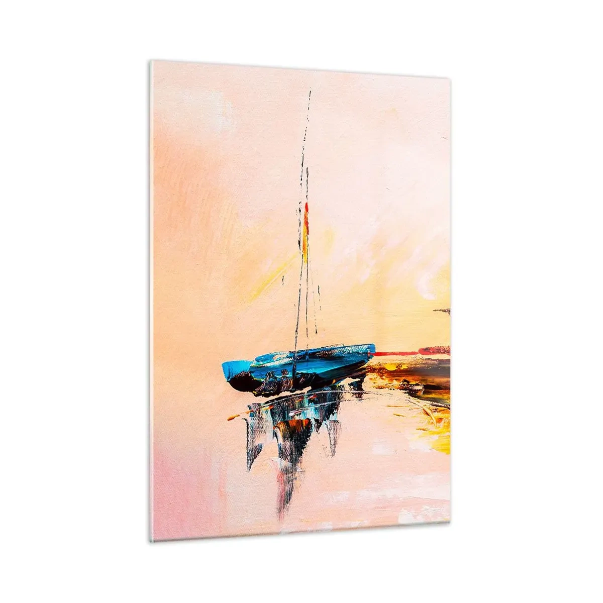 Obraz na szkle - Kolorowe łodzie zacumowane na tle zachodu słońca w stylu impresyjnym - 50x70cm - Wieczór w przystani - Nowoczesna dekoracja ścienna do salonu, kuchni i sypialni ARTTOR