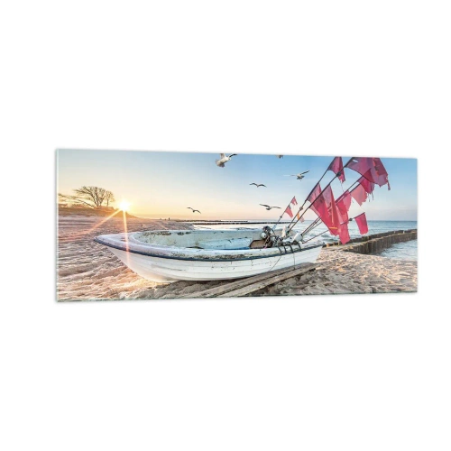 Obraz na szkle - Łódka na plaży o świcie z mewami i czerwonymi flagami - 140x50cm - Zasłużony odpoczynek - Nowoczesna dekoracja ścienna do salonu i sypialni ARTTOR
