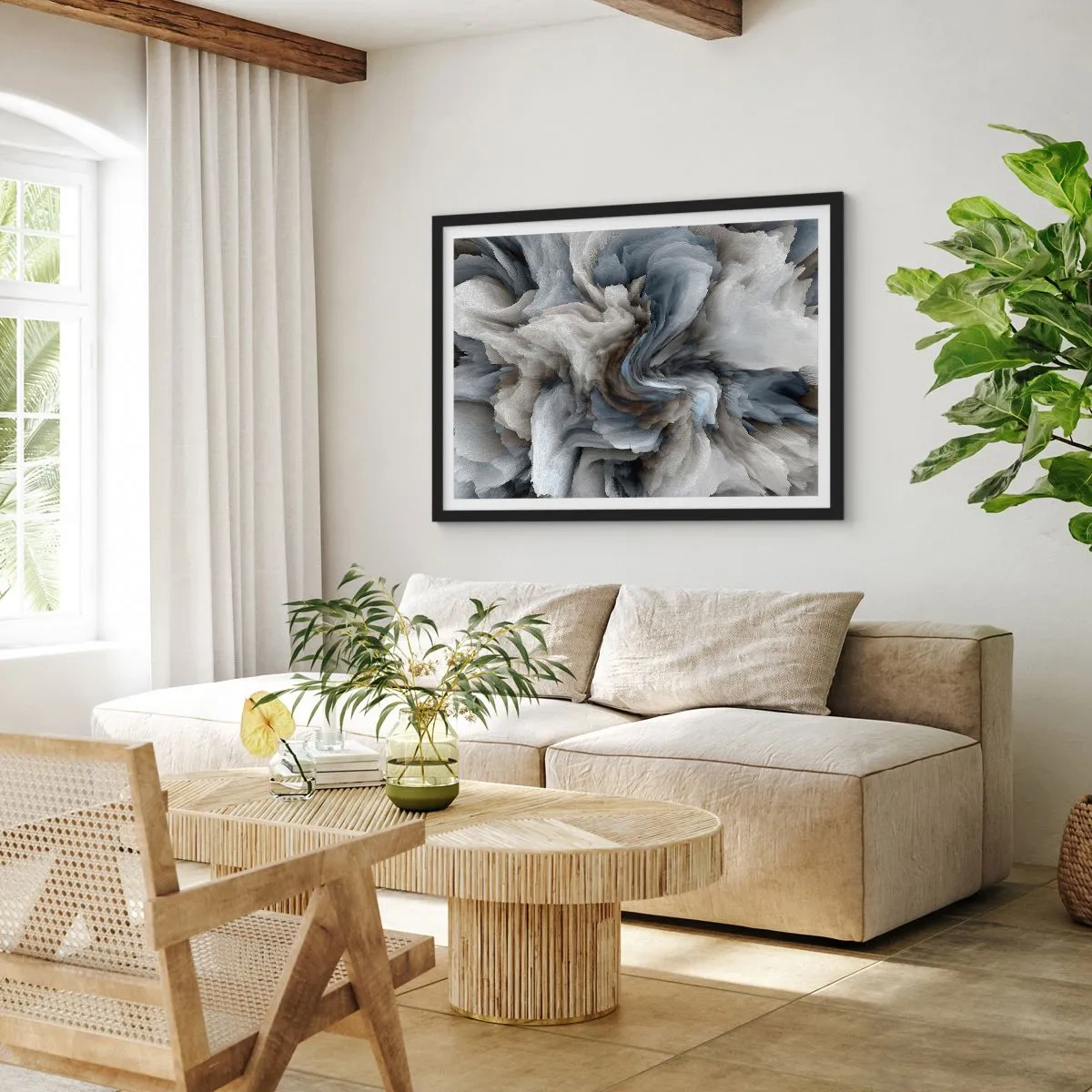 Plakat w czarnej ramie - Abstrakcyjny wir w odcieniach szarości i błękitu - 70x50cm - Kamień i kwiat - Nowoczesna dekoracja ścienna do salonu i sypialni ARTTOR