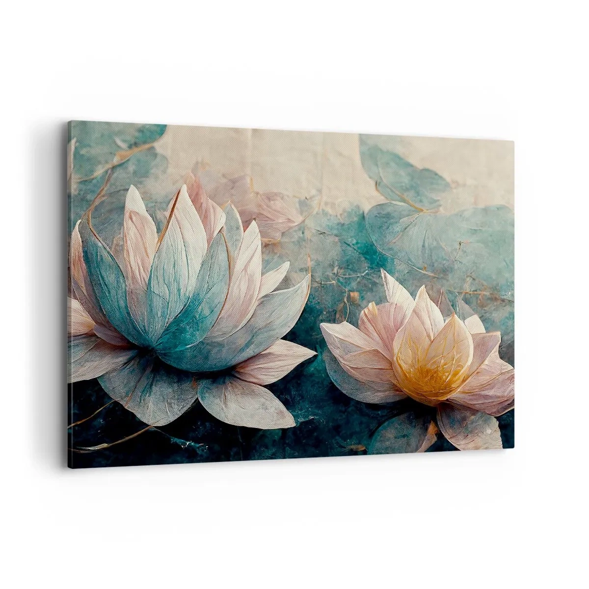 Obraz na płótnie - Subtelne lilie wodne w pastelowych odcieniach błękitu i złota - 120x80cm - Gwiazdy jeziora - Nowoczesna dekoracja ścienna do salonu, kuchni i sypialni ARTTOR