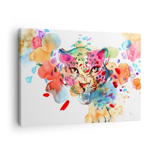 Obraz na płótnie - Abstrakcyjny portret lamparta w intensywnych kolorach - 70x50cm - Piękna i bestia - Nowoczesna dekoracja ścienna do salonu i sypialni ARTTOR