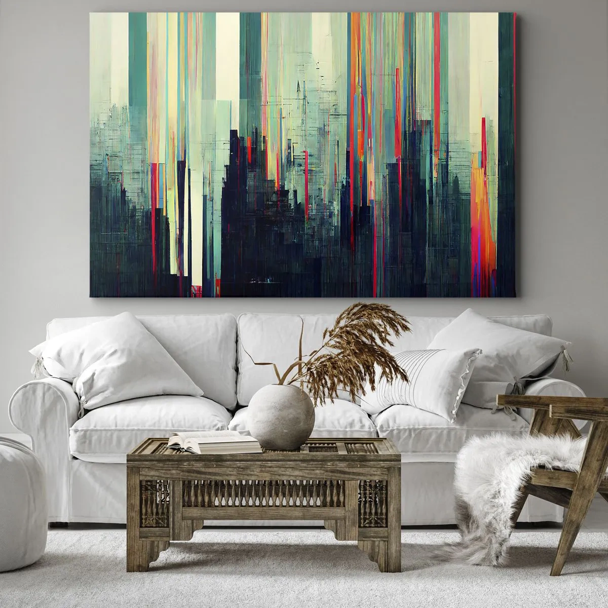 Obraz na płótnie - Abstrakcja z pionowymi liniami i miejską panoramą - 70x50cm - Futurystyczne miasto - Nowoczesna dekoracja ścienna do salonu i sypialni ARTTOR