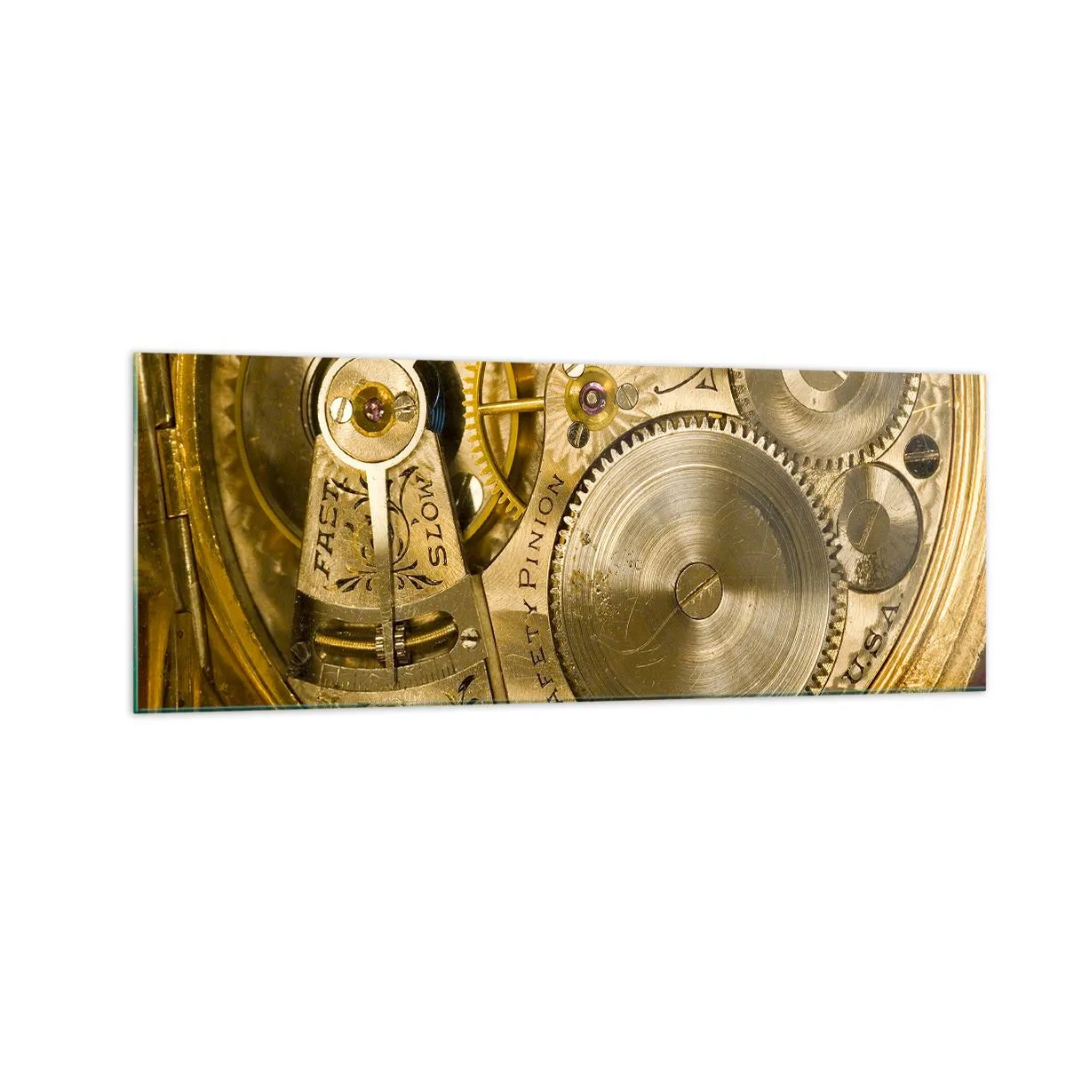 Obraz na szkle - Mechanizm zegarka z widocznymi zębatkami i detalami - 140x50cm - Idź z duchem czasu - Nowoczesna dekoracja ścienna do salonu i sypialni ARTTOR