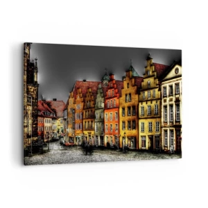 Obraz na płótnie - Kolorowe kamienice przy brukowanej ulicy w zabytkowym mieście - 120x80cm - Brakuje tylko zaczarowanej dorożki - Nowoczesna dekoracja ścienna do salonu, kuchni i sypialni ARTTOR