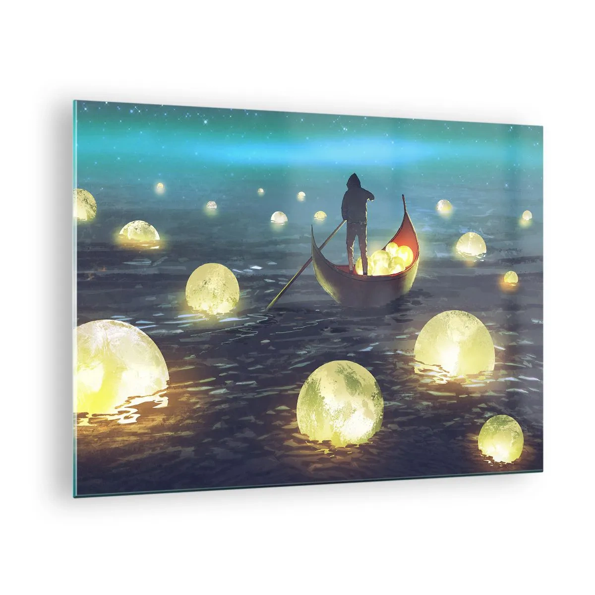 Obraz na szkle - Łódź z lampionami na wodzie w surrealistycznym pejzażu - 70x50cm - Rzeczy, o których się filozofom nie śniło - Nowoczesna dekoracja ścienna do salonu i sypialni ARTTOR