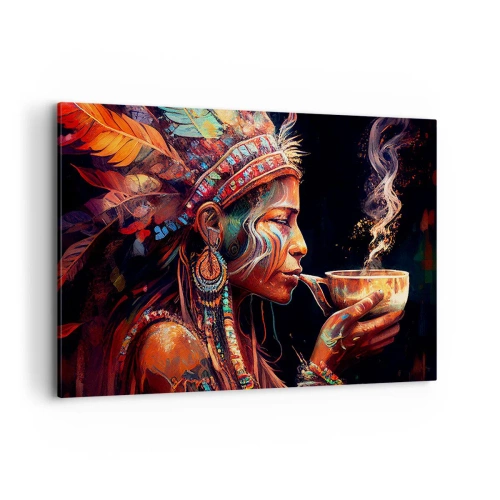 Obraz na płótnie - Kolorowa postać w stylu etnicznym z filiżanką parującego napoju - 120x80cm - Magiczny rytuał - Nowoczesna dekoracja ścienna do salonu, kuchni i sypialni ARTTOR