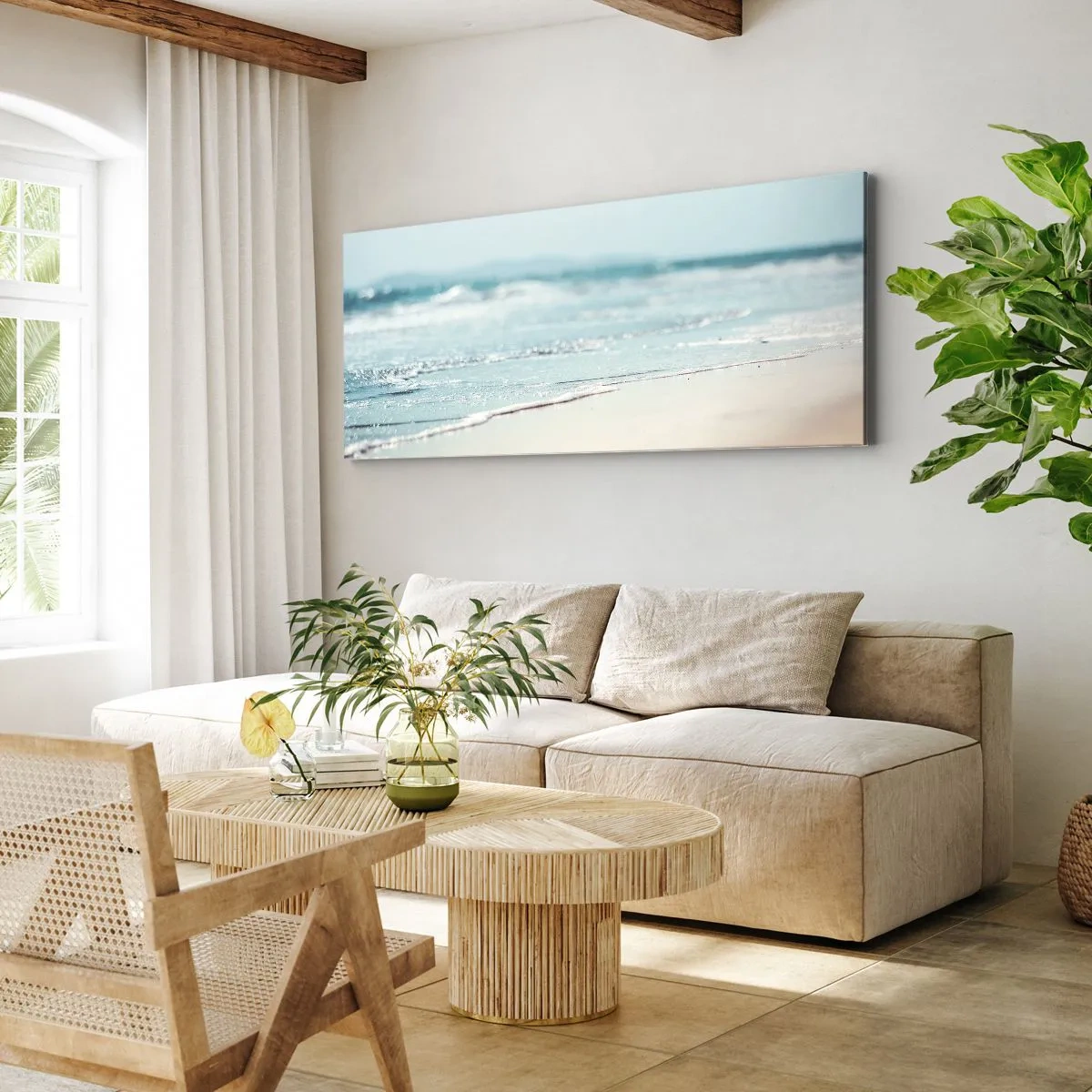 Obraz na płótnie - Delikatne fale oceanu na piaszczystej plaży - 120x50cm - Ciepło i szum - Nowoczesna dekoracja ścienna do salonu i sypialni ARTTOR
