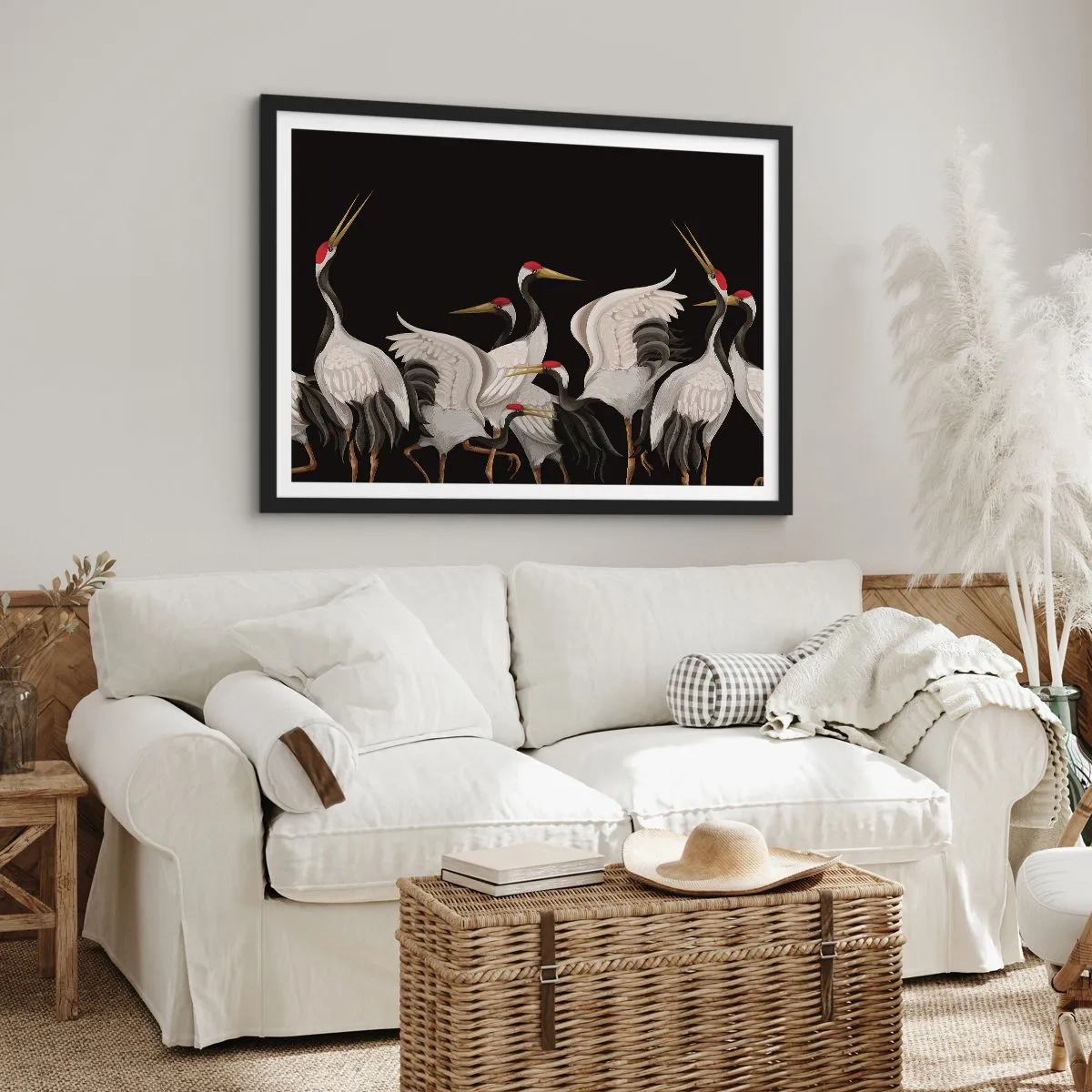 Plakat w czarnej ramie - Białe żurawie z czerwonymi akcentami na czarnym tle - 70x50cm - Ptasie sprawy - Nowoczesna dekoracja ścienna do salonu i sypialni ARTTOR