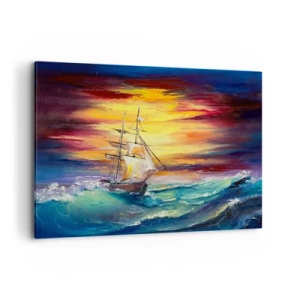 Obraz na płótnie - Żaglowiec na tle kolorowego zachodu słońca - 120x80cm - Dzielnie pod fale - Nowoczesna dekoracja ścienna do salonu, kuchni i sypialni ARTTOR