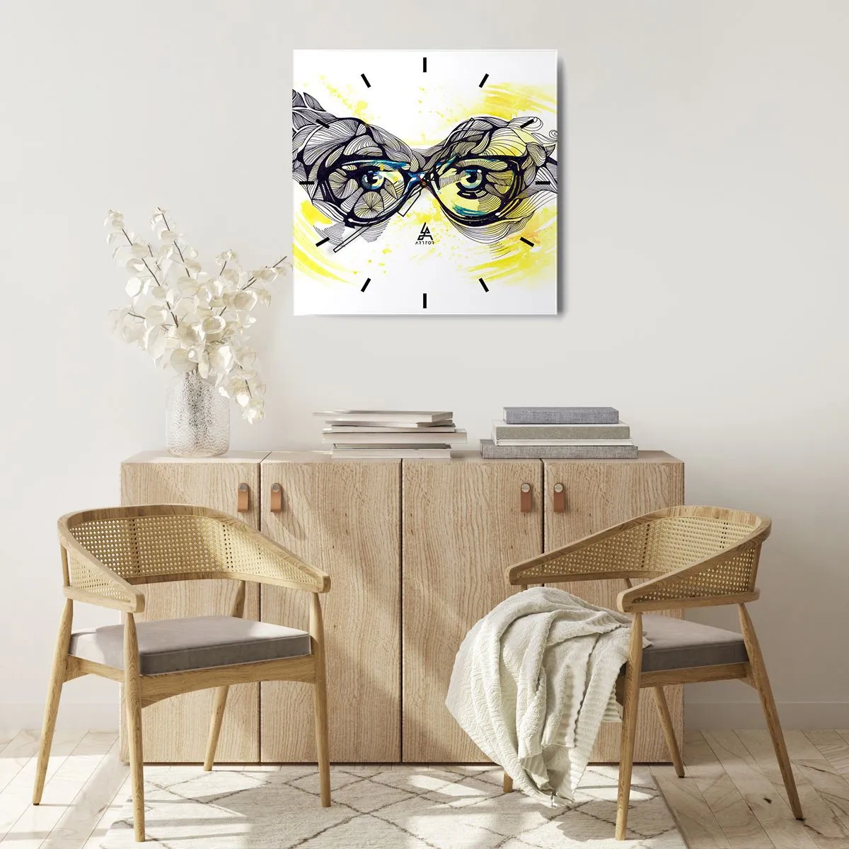 Zegar ścienny - Artystyczna grafika okularów z wyrazistymi oczami - 30x30cm - Przez błękitne okulary - Nowoczesna dekoracja ścienna do salonu i sypialni ARTTOR